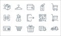 e commerce line icons. linear set. quality vector line set such as truck, gift, cit card, truck, shopping trolley, qr code scan,