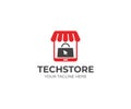 E-commerce logo template. Tablet store and shopping bag vector design