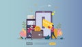 E-commerce market shopping online illustration with tiny people character. mobile payment or money transfer concept. template for