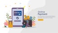 E-commerce market shopping online illustration with tiny people character. mobile payment or money transfer concept. template for