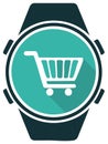 E-commerce and mobile shopping concept showing a shopping cart on a smartwatch screen icon Royalty Free Stock Photo