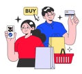 E-commerce. Online shopping, character purchasing goods on a website