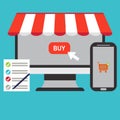 E-commerce, online shopping concepts. Desktop computer with buy button, smartphone with shopping basket, shopping list
