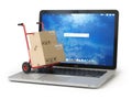 E-commerce, online shopping and delivery concept. Hand truck and Royalty Free Stock Photo