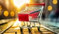 E commerce shopping cart toy. Online sale, marketing and payment with discount picture Royalty Free Stock Photo