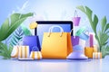 E-commerce shopping concept with digital devices and shopping bags Royalty Free Stock Photo