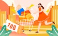 E-commerce shopping, girl pushing a shopping cart to buy items