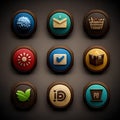 E-commerce shopping store website application system multiple icons on a dark brown background