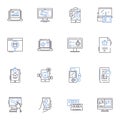E-commerce technology line icons collection. Checkout, Payment, Shipping, Inventory, Catalog, Analytics, Mobile vector