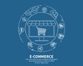 E-commerse online store. Business concept. Banner webpage design with shopping cart and sale items icons. Flat cartoon