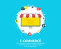 E-commerse online store. Business concept. Banner webpage design with shopping cart and sale items icons. Flat cartoon