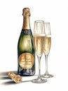 bottle and two glasses of champagne, champagne splash, chin chin, watercolor illustration