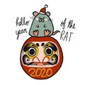 Hello year of the rat, Daruma doll Japanese lucky charm and rat friend cartoon vector illustration Royalty Free Stock Photo