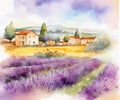 Provencal landscape, French village, lavender blossom field, watercolor illustration