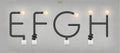 E,F,G,H - Set of loft alphabet letters. Abstract alphabet of light bulb and light switch on concrete wall background. Vector