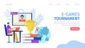 E-games tournament, cyber gaming at computer, landing banner, vector illustration. Man gamer character play video game