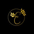 E Gold letter and Gold Leaf logo design. E Letter golden initial luxury Boutique Nature Floral Flower. E Monogram vector design Royalty Free Stock Photo