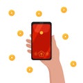 E-hongbao concept. Digital hongbao online mobile transfer. Chinese traditional gift in cellphone. Smartphone in male hand. Vector
