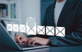 E-Invoice and Digital Billing Notification Concept. Businessman with digital envelope icons with invoice document, representing Royalty Free Stock Photo