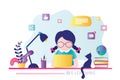 E-learning banner. Online education, home schooling. Modern workplace, girl preschooler student working on laptop