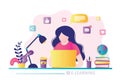 E-learning banner. Online education, home schooling. Modern workplace, Girl student working on laptop