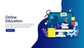 E-learning concept with computer, book and tiny people character in study process. E-book or online education. template for web