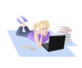 E-learning concept, girl lying on floor with laptop