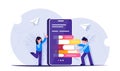 E-learning or the concept of a mobile library. Lots of books on your cell phone. People are self-educated. Modern flat Royalty Free Stock Photo