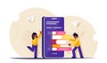 E-learning or the concept of a mobile library. Lots of books on your cell phone. People are self-educated. Modern flat Royalty Free Stock Photo