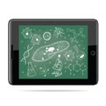 E-learning concept. Tablet computer with biology sketches on school board.