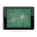 E-learning concept. Tablet computer with mathematics - geometric shapes and expressions sketches on school board Royalty Free Stock Photo