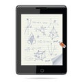 E-learning concept. Tablet computer with mathematics - geometric shapes and expressions sketches Royalty Free Stock Photo