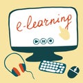 E-learning concept. Workplace for online education and remote work. Hand drawn flat vector illustration