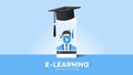 E-learning Conceptual Vector Illustration Hand Holding Smartphone With Teacher On The Screen And Grad Hat. Template For Royalty Free Stock Photo