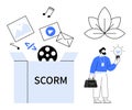 E-learning Content Essentials Emerging from SCORM Box with Professional Next to a Lightbulb Idea Royalty Free Stock Photo