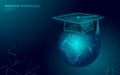 E-learning Distance Graduate Certificate Program Concept. Low Poly 3D Render Graduation Cap On Planet Earth World Map