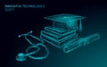 E-learning distance medicine graduate certificate program concept. Low poly 3D render graduation cap diploma and