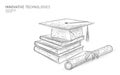 E-learning distant graduate certificate program concept. Low poly 3D render graduation cap, books, diploma polygonal