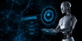 E-learning EdTech education technology concept. Robot pressing button on screen 3d render Royalty Free Stock Photo