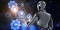 E-learning EdTech education technology concept. Robot pressing button on screen 3d render Royalty Free Stock Photo