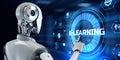E-learning EdTech education technology concept. Robot pressing button on screen 3d render Royalty Free Stock Photo