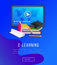 E-learning Education Poster With Tablet Computer, Books, Textbooks, Pencil And Graduation Cap.