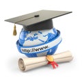 E-learning. Globe, diploma and mortar board. Royalty Free Stock Photo