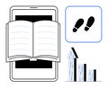 E-Learning and Growth Concept with Open Book on Tablet, Footsteps, and Bar Graph Royalty Free Stock Photo