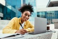 African Student Girl At Laptop Taking Notes Learning Online Outdoors Royalty Free Stock Photo