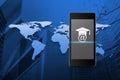 E-learning icon on modern smart phone screen over map and city t Royalty Free Stock Photo