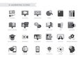 E-learning icon vector design. Elearning icons collection in black and white with books and device symbol for social media apps.