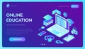 E-learning. Innovative online education and distance Learning 3D isometric concept. Webinar, teaching, online training courses. Royalty Free Stock Photo