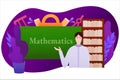 E-learning math concept, teacher standing near chalkboard, bookshelf on the background, educational web seminar