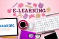 E-learning online courses vector background. E-learning text for woman with computer elements